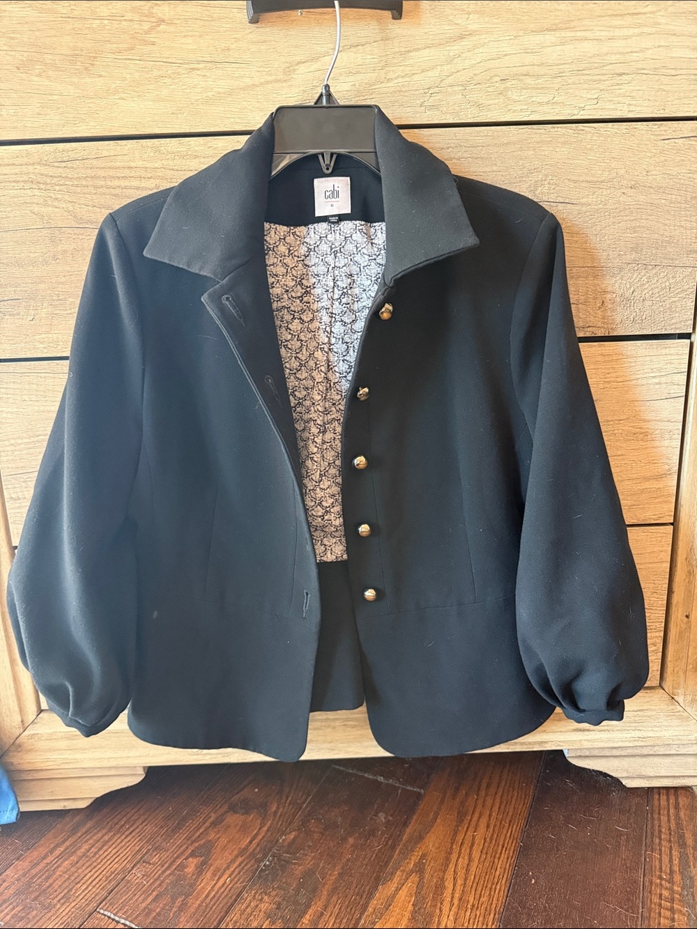 CAbi Black Puff-Sleeve Button Jacket with Gold Buttons